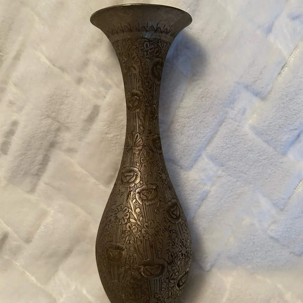 Metallic Trumpet Vase Etched With Flowers 11”